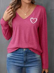 SHEIN LUNE 心形印花落肩T恤 - 玫紅色 - 查看 4