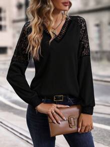 EMERY ROSE Áo thun tay áo Raglan có ren tương phản - màu đen - Xem 4