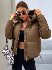 SHEIN Essnce 冬季休闲纯色连帽加垫夹克，百搭 - 棕色 - 查看 5