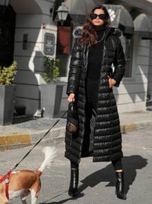 RueChic Zip Up Hooded Puffer Coat - Black - View 4