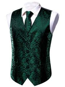 Men 4pcs Paisley Print Waistcoat - Green - View 4