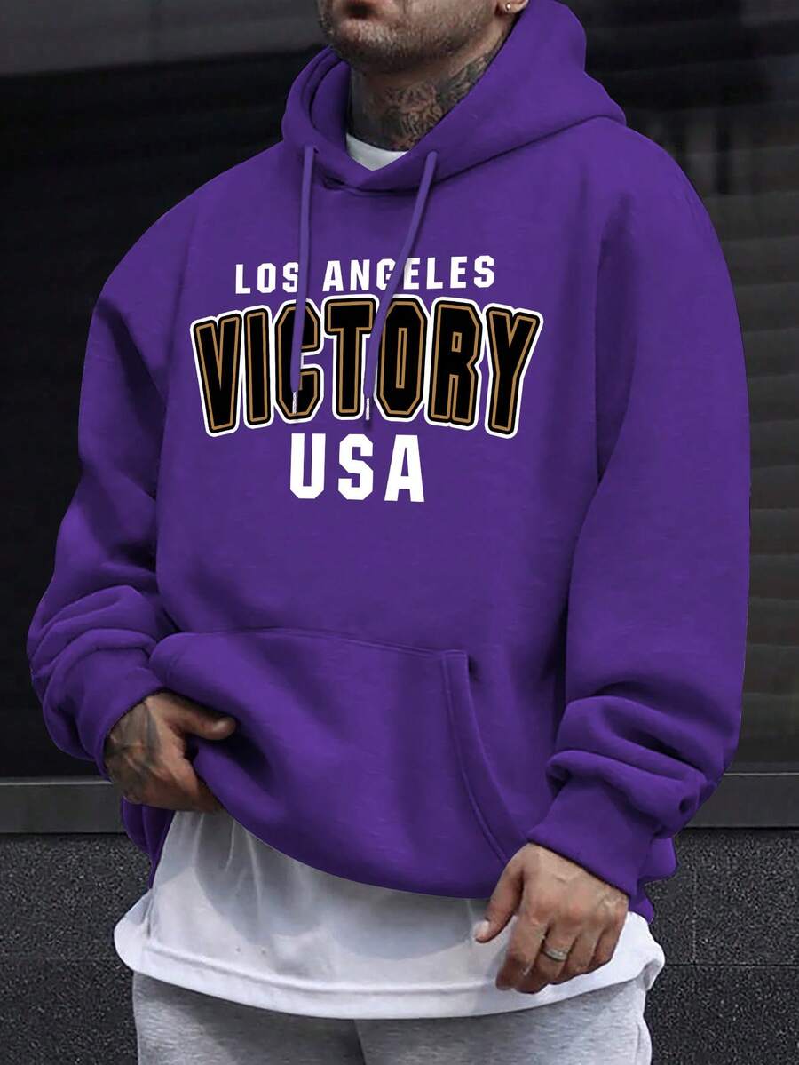 Manfinity Homme Nam Đồ họa Chữ cái Túi kangaroo Dây rút Lót nhiệt Hoodie - Màu tím - Xem 1