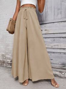 SHEIN LUNE Khaki Wide-Leg Casual Pants With Bow Tie At Waist Fall Cloth For Women - Apricot - View 5