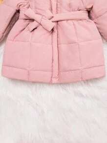 Baby Girl Solid Hooded Belted Padded Coat