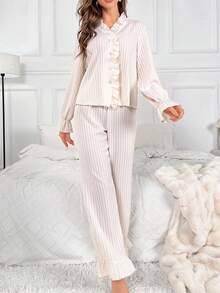 荷葉邊喇叭袖休閒套裝 - 米色 - 查看 6