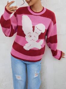 SHEIN Unity Cartoon Pattern Drop Shoulder Sweater - Hot Pink - View 5