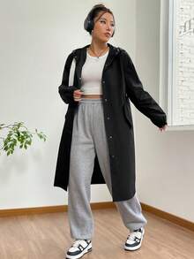 SHEIN EZwear Drop Shoulder Drawstring Hooded Button Front Drawstring Hooded Longline Coat - Black - View 6