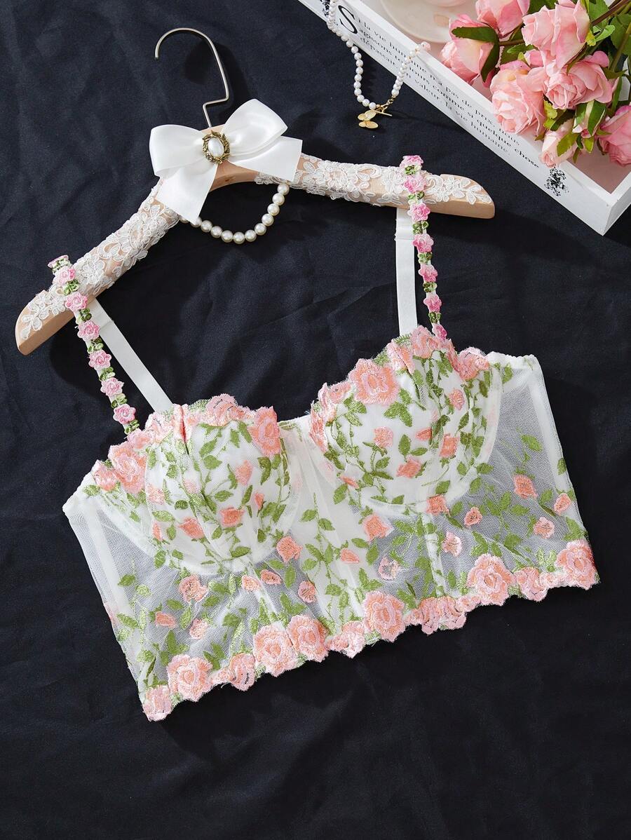 Sujetador lencero con alambres y bordados florales de malla en talla grande - Multicolor - Ver 1