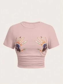 SHEIN EZwear Hand Print Ruched Crop Tee - Pink - View 1
