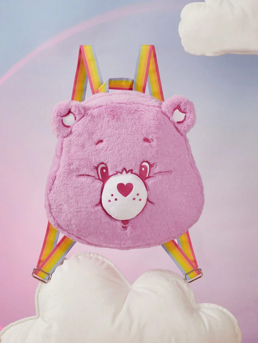 SHEIN X Care Bears 粉色毛绒啦啦队熊设计背包、礼物、学校背包 - 粉色 - 查看 1