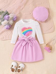 Bimba con stampa cuore con manica a sbuffo Maglietta & con cintura Gonne & Cappello