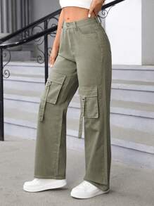 SHEIN Essnce Flap Pocket Buckle Detail Jeans - Army Green - View 5