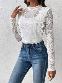 SHEIN Frenchy Mock Neck Lace Top Without Cami Top - White - View 5