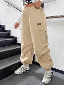 SHEIN EZwear Plus Letter Patched Detail Flap Pocket Side Cargo Pants - Khaki - View 1