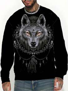 Men Plus Wolf Print Sweatshirt - Black - View 1