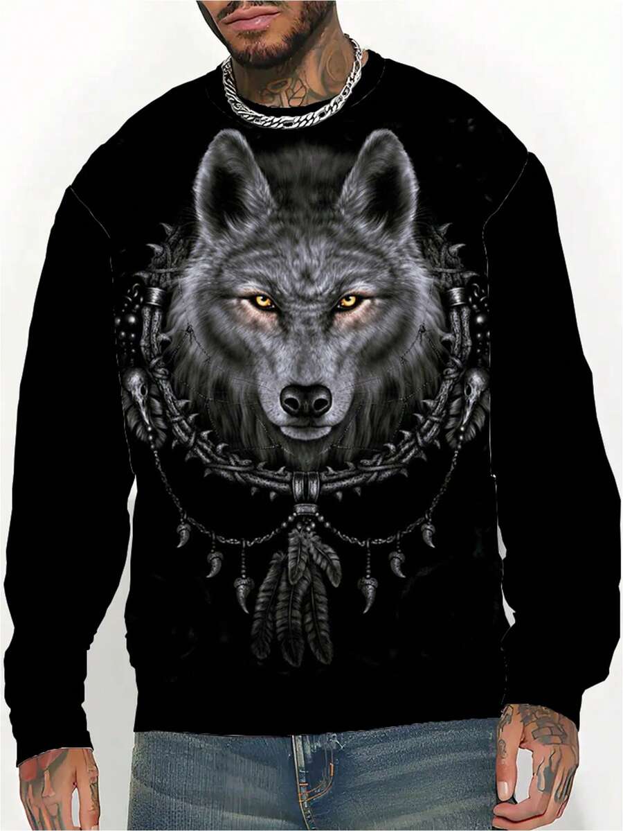 Men Plus Wolf Print Sweatshirt - Black - View 1