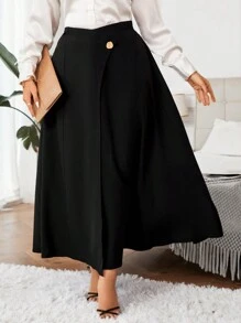 Calvaya 大碼高腰紐扣細節喇叭半身裙 - 黑色 - 查看 4