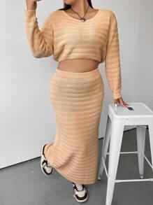 Flirla Talla grande de hombros caídos Jersey crop & Falda de punto - Albaricoque - Ver 4