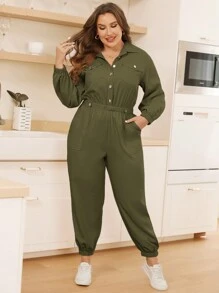 SHEIN Essnce 加蓋袋彈力腰襯衫連身褲 - 軍綠色 - 查看 3
