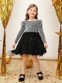 女小童拼接毛茸茸後綁帶蝴蝶結羊腿袖派對禮服適用於聖誕 - 彩色 - 查看 5