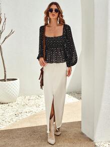 SHEIN VCAY Geo Print Lantern Sleeve Peplum Blouse,Long Sleeve Tops - Black and White - View 3