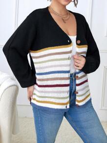 Calvaya Plus Striped Pattern Lantern Sleeve Cardigan Fall Cloth For Women - Multicolor - View 5
