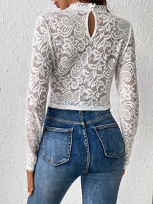 SHEIN Frenchy Mock Neck Lace Top Without Cami Top - White - View 2