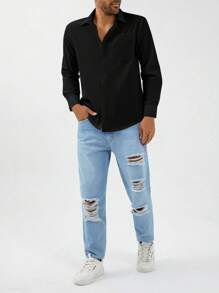 RueChic Men Solid Pocket Patched Shirt - Black - View 5