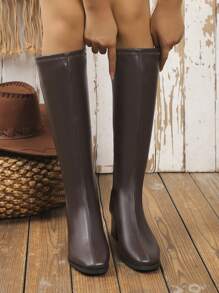 Women's Fashionable Chunky Heel Long Boots With Back Zipper Closure - Brown - View 2
