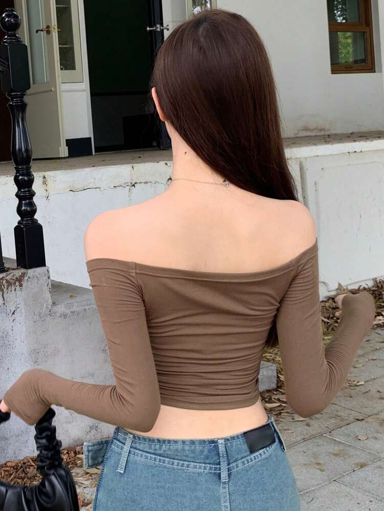 Women Solid Color Off Shoulder Long Sleeve Slim Fit T-Shirt, Autumn,Fall Women Clothes