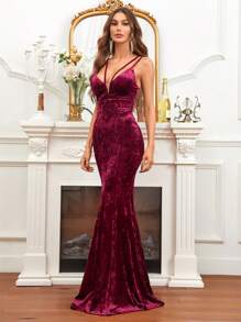 SHEIN Belle 深V領魚尾裙下擺伴娘洋裝 - 紅色 - 查看 6