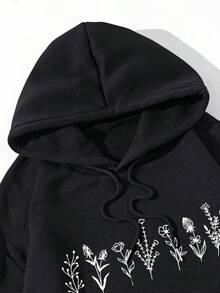 SHEIN EZwear Floral Print Kangaroo Pocket Drawstring Thermal Hoodie - Black - View 4