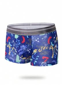 男士滿版印花條紋織帶腰平角內褲 - 藍色 - 查看 1