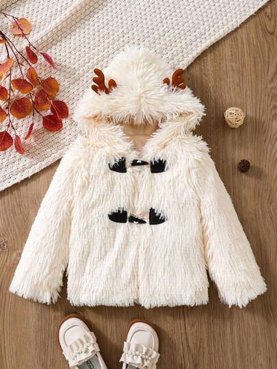 SHEIN Młoda dziewczyna Nadruk Ucha 3D Z Kapturem Gruba wełna Futerkowy Budrysówka Dla Boże Narodzenie