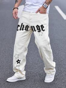 Manfinity EMRG 寬鬆男星字母印花直筒牛仔褲 - 杏色 - 查看 7