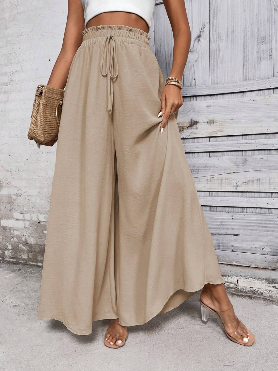 SHEIN LUNE Khaki Wide-Leg Casual Pants With Bow Tie At Waist Fall Cloth For Women - Apricot - View 1