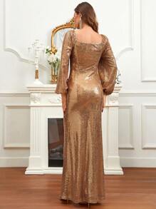 SHEIN Belle Sweetheart Neck Ruched Split Thigh Sequin Formal Dress - Gold - View 2