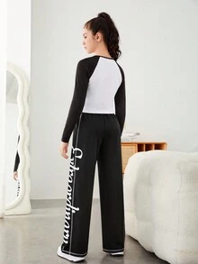 SHEIN 青少年女孩字母圖案插肩袖T恤和褲子