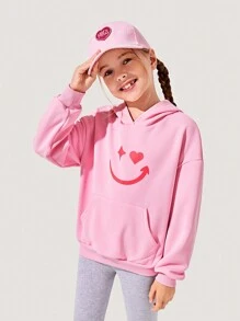 SHEIN 少女卡通图案袋鼠口袋落肩卫衣 - 粉色 - 查看 1