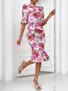 SHEIN Privé 花卉印花荷葉邊袖魚尾下擺洋裝 - 彩色 - 查看 3