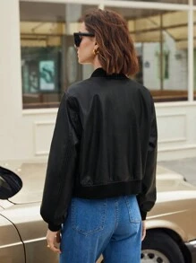 BizChic Zip Up PU Leather Bomber Jacket - Black - View 2