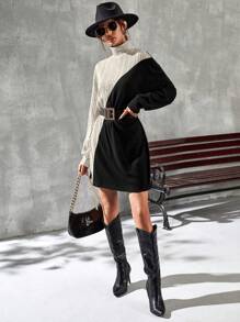 SHEIN Frenchy 雙色高領落肩袖洋裝不附腰帶 - 彩色 - 查看 4