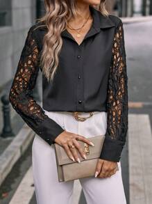 EMERY ROSE 撞色凸花蕾絲正面鈕扣襯衫 - 黑色 - 查看 6