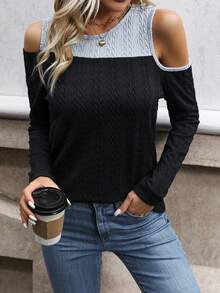 双色露肩 T 恤 图案 T 恤 女式上衣 - 彩色 - 查看 3