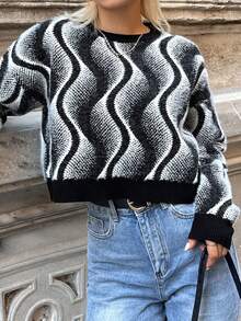 EURMUSE 波浪條紋落肩毛衣 - 黑色 - 查看 4