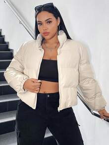SHEIN EZwear Áo khoác có đệm kéo khóa cho mùa đông - Màu be - Xem 3