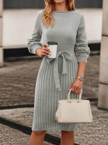 SHEIN Clasi Solid Belted Ribbed Knit Sweater Dress - Grey - View 3