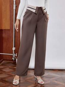 SHEIN LUNE 腰部折疊褶皺細節闊腿西裝褲 - 棕色 - 查看 5