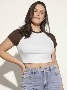SHEIN BASICS Plus Colorblock Raglan Sleeve Crop Tee - Coffee Brown - View 3