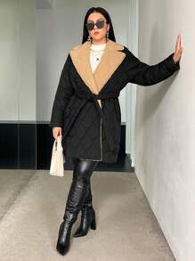 SHEIN Essnce Plus Lapel Neck Slant Pocket Teddy Lined Quilted Coat - Black - View 6